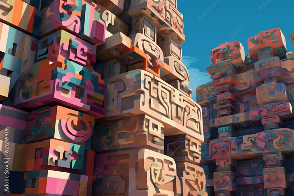 Fototapete an abstract depiction of olmec monumental architecture, with geometric forms and a harmonious color 