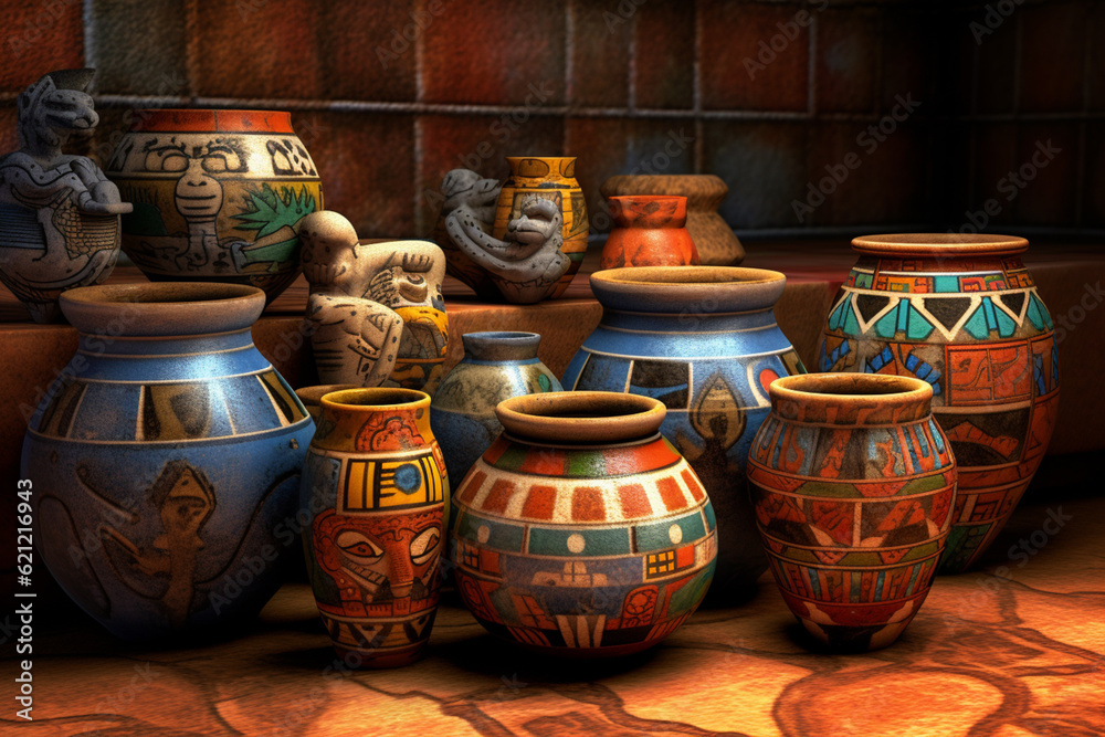 Poster an image featuring abstract representations of olmec pottery, with intricate designs and a range of 