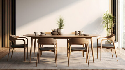 Interior design of modern dining room, dining table and wooden chairs. 3d rendering