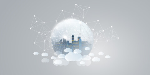 Blue, Grey and White Smart City, Cloud Computing Design Concept with Transparent Globe and Cityscape , Tall Buildings, Skyscrapers Inside - Digital Polygonal Network Connections, Technology Background