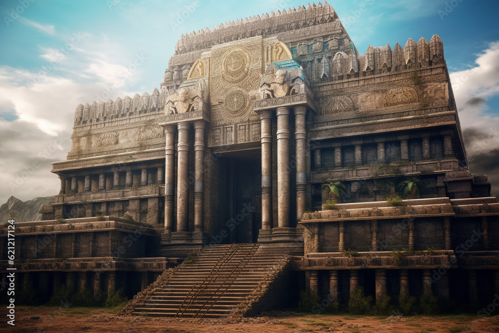 Poster An abstract portrayal of Ancient Assyrian temples, with intricate patterns and a mystical color scheme. Generative AI technology.