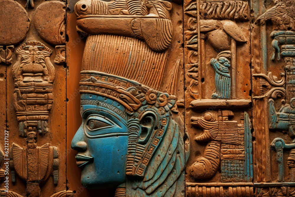 Poster an abstract depiction of assyrian relief sculptures, with abstract forms and a mix of warm and cool 
