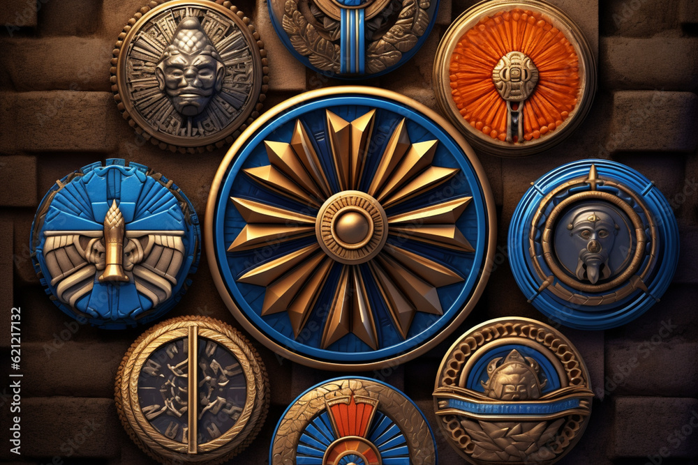 Aufkleber An image featuring abstract representations of Assyrian symbols, with stylized shapes and a symbolic color palette. Generative AI technology.