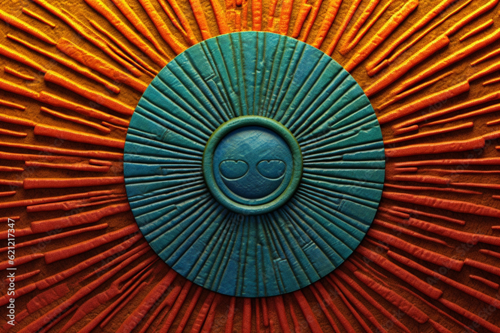 Poster an image showcasing an abstract representation of the hittite sun disk, with radiating lines and vib