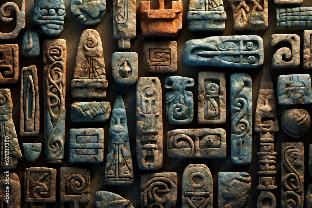 Poster An abstract portrayal of Hittite hieroglyphs, with intricate symbols and a harmonious composition. Generative AI technology.