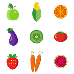 Fruits and vegetables. Flat style. The food is isolated. A set of flat icons.