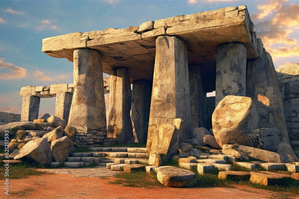 Poster Architecture: An image featuring abstract interpretations of Mycenaean megalithic architecture, Generative AI technology.