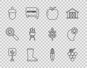 Set line Tree, Grape fruit, Apple, Waterproof rubber boot, Acorn, Barbecue grill, Corn and Human head with leaf icon. Vector