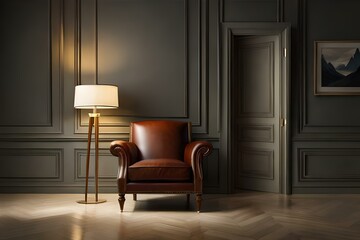 Armchair next to an illuminated lamp