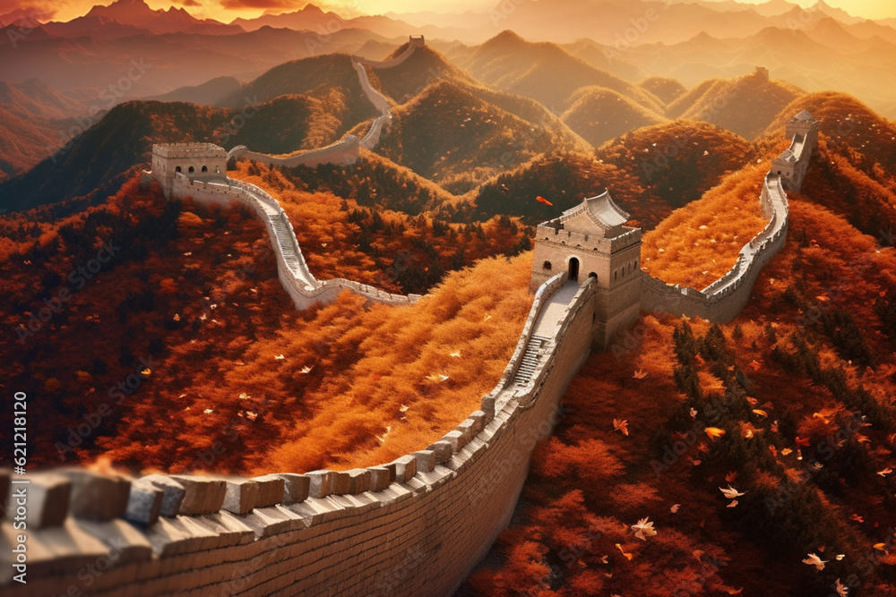 Aufkleber Abstract compositions capturing the Great Wall of China from various perspectives, with dynamic angles, bold shapes.  Generative AI technology.