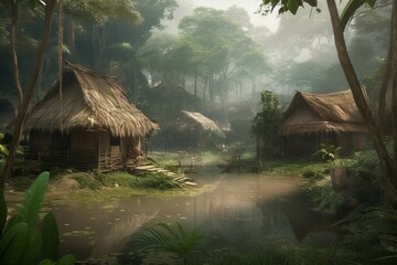 Amazon village tropical forest. Generate Ai