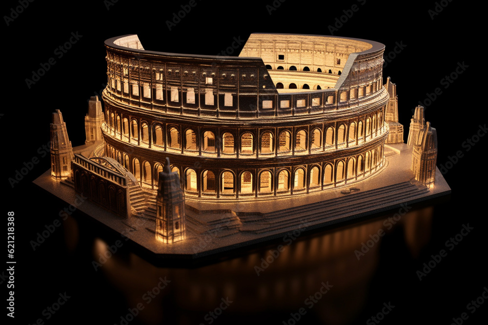 Aufkleber A digital sculpture of the Colosseum created. The image showcases the intricate details and architectural nuances of the structure. Generative AI technology.