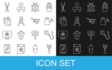 Set line Garden rake, Kite, Watering can, Ladybug, Gardening handmade scissors, sprayer for fertilizer, and Wheelbarrow with dirt icon. Vector