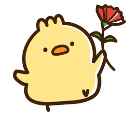 カーネーションを持って母の日を祝うかわいいひよこのキャラクターイラスト