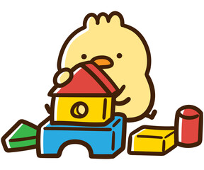 カラフルな積み木で遊ぶかわいいひよこのキャラクターイラスト © choconasu