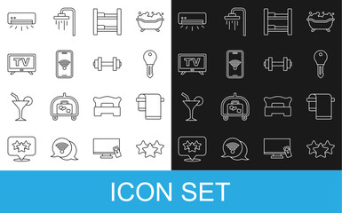 Set line Stars rating, Towel on hanger, Hotel door lock key, room bed, Mobile with wi-fi wireless, Smart Tv, Air conditioner and Dumbbell icon. Vector