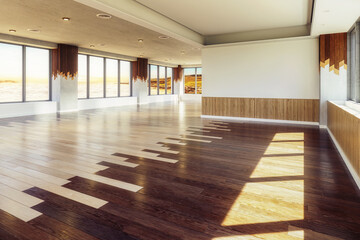 Leere Mehrzwek-Fl&auml;che mit dekorativen Holzelementen und B&ouml;den - 3D Visualsierung