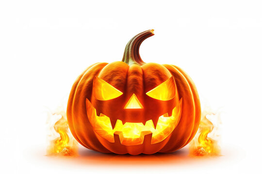 Carved Halloween pumpkin isolated on white background. Illustration of spooky pumpkin with Jack-o-Lantern face and burning flames of fire. Generative Ai.