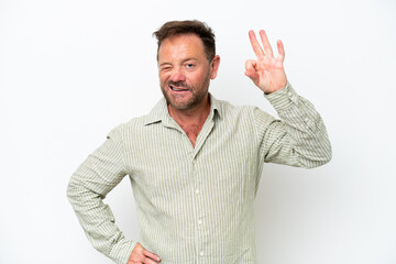 Middle age caucasian man isolated on white background showing ok sign with fingers