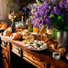 food and violet blossom on the kitchen bar