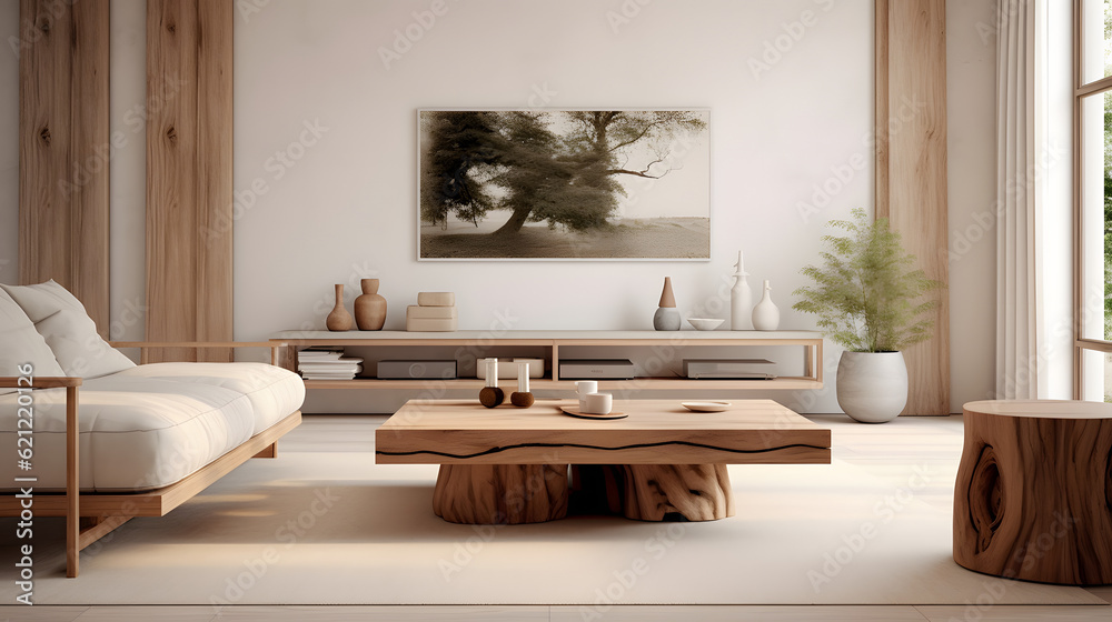 Wall mural Minimalist interior design of modern living room with rustic accent pieces.