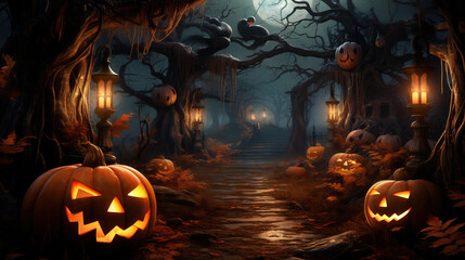 Pathway through a dense forest with Halloween spooky pumpkins and glowing lanterns. Generative Ai.