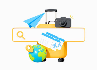 Naklejka premium 3D Online booking flight tickets and planning travel. Search bar with suitcase, camera, globe and paper airplane. Summer trip and weekend. Cartoon design illustration on white background. 3D Rendering