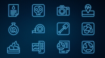 Set line Earth globe, Gold nugget, Photo camera, Roulette construction, Exhibition with minerals, rocks, Oil drop document, Shovel and Archeology icon. Vector