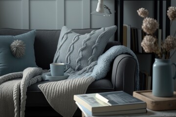  cozy living room with a sofa, blanket, and coffee mug. Generative AI