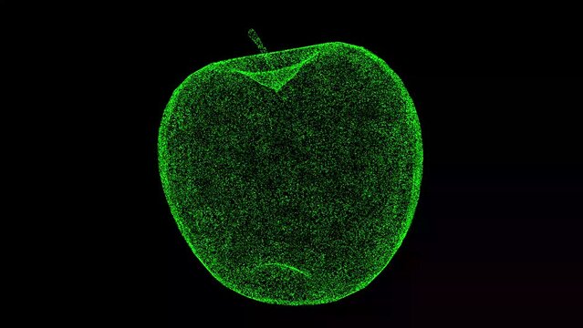 3D Apple rotates on black bg. Healthy food concept. Food market, sale of vegetables and fruits. For title, text, presentation. Object made of shimmering particles. 3d animation 60 FPS