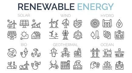 Set of outline icons related to green, renewable energy, alternative sources energy. Eco icon collection. Editable stroke. Vector illustration.  - obrazy, fototapety, plakaty