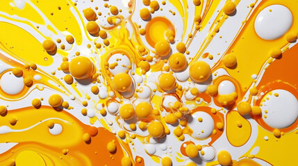 Abstract yellow paint drops mixed in white oil background. Non-mixing fluids pattern. Generative AI