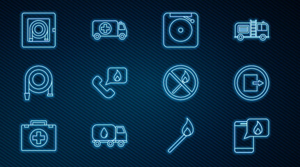 Set line Phone with emergency call 911, Fire exit, Ringing alarm bell, Telephone, hose reel, cabinet, No fire match and Ambulance and car icon. Vector