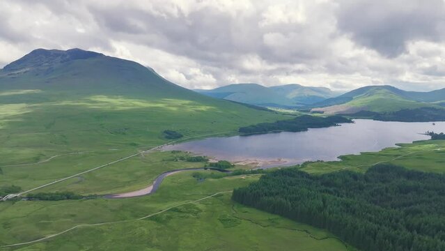Loch Tulla and Beinn Dorain from a drone, Glen Coe, Highlands, Scotland, UK