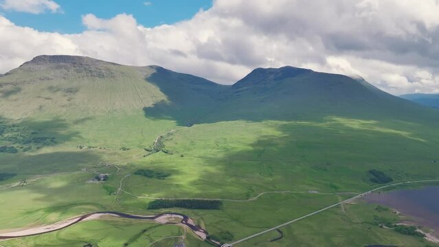 Loch Tulla and Beinn Dorain from a drone, Glen Coe, Highlands, Scotland, UK