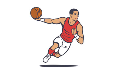 Vector cartoon sportsman in a red jersey and white shorts plays basketball. In a jump passes or catches the ball. Men and games. Isolated background.