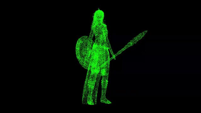 3D Amazon Warrior Woman rotates on black bg. Historic concept. A strong woman, a symbol of feminism. For title, text, presentation. Shimmering particles. 3D animation 60 FPS