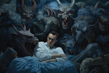 Sleep's Dark Tempest: Man's Struggle with Nightmares as Demons Surround His Bed - Navigating Troubled Sleep - Generative AI