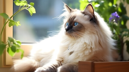 Naklejka na ściany i meble Portrait of ragdoll cat with blue eyes lying and look away by sunny window, with green flower tree background