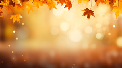  Autumn banner with orange leaves background and gold bokeh. Modern wallpaper, backdrop. Generative AI