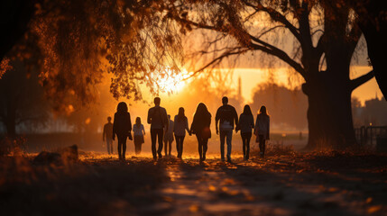 Group of back young people walking in the park at sunset. Selective focus. Generative AI.
