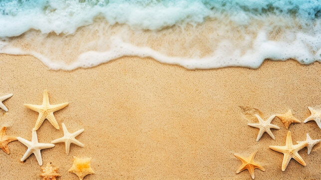 Starfishes on beach and blue water background. Top view. Copy space. Vacation concept. Generative AI
