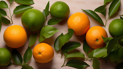 Ripe and green tangerines with green leaves.