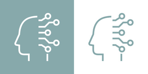 Icono inteligencia artificial. Logo silueta de cabeza humana lineal de perfil con conexiones de red - obrazy, fototapety, plakaty