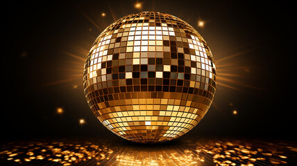 Obraz premium goldene Discokugel mit Lichtern und Lichteffekten. Querformat. Generative Ai.