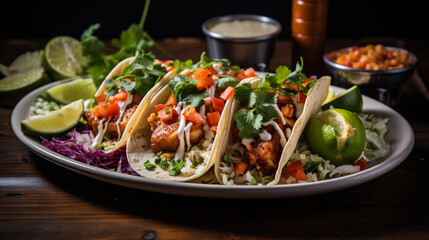 A plate of golden-brown fish tacos topped with shredded cabbage, salsa, and a squeeze of lime