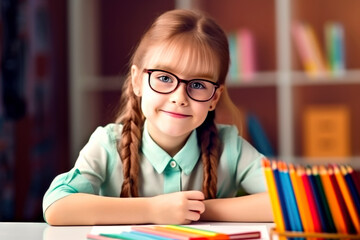 Portrait of cute schoolgirl in glasses sitting at a desk smiling. Generative AI