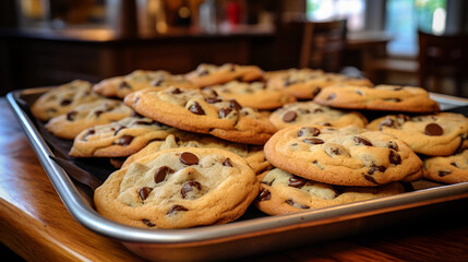 A tray of homemade chocolate chip cookies, fresh out of the oven and still warm