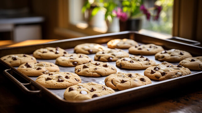 A tray of homemade chocolate chip cookies, fresh out of the oven and still warm