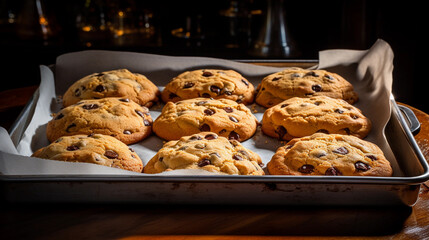 A tray of homemade chocolate chip cookies, fresh out of the oven and still warm